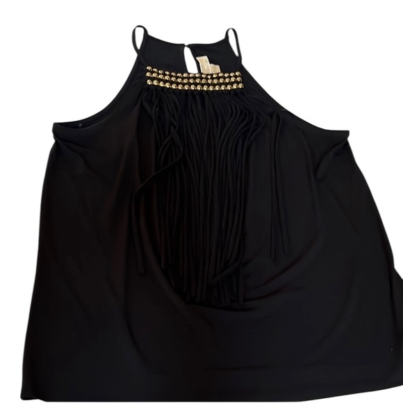 Michael Kors Black sleeveless Top with long fringe & Gold Accents - Picture 14 of 15